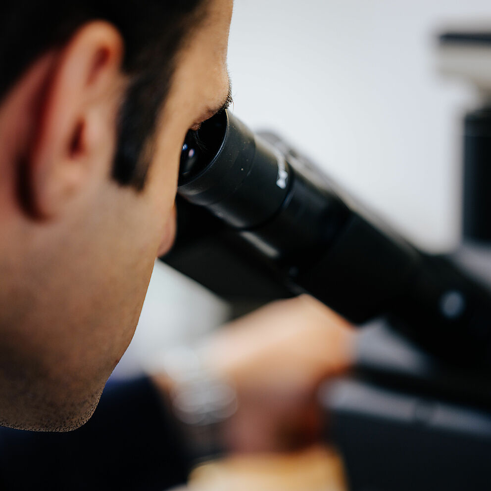 Eine Person blickt durch ein Mikroskop.